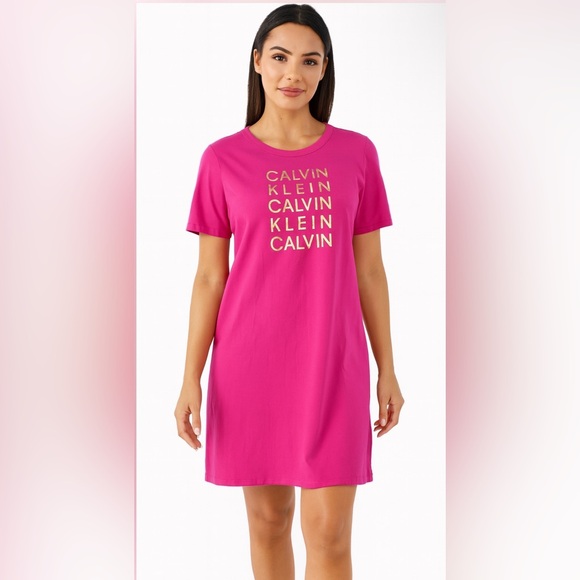 Calvin Klein Pink Logo T-Shirt Dress L Large Short Sleeve Stretchy Cotton Blend - Picture 1 of 10